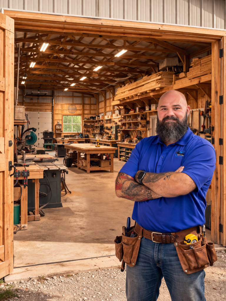 woodworking workshop with confident craftsman